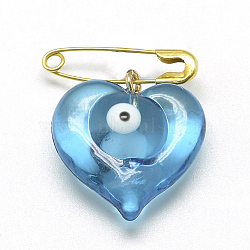 Handmade Lampwork Brooches, Heart with Evil Eye, Golden, Light Sky Blue, 19x18mm(LAMP-R139-09)