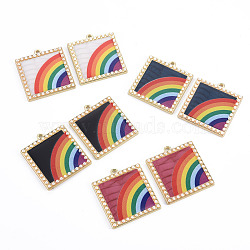 Rack Plating Printed Alloy Pendants, with Enamel and ABS Plastic Imitation Pearl, Cadmium Free & Nickel Free & Lead Free, Square with Rainbow, Light Gold, Mixed Color, 33x30x3mm, Hole: 1.6mm(ENAM-Q445-011-NR)