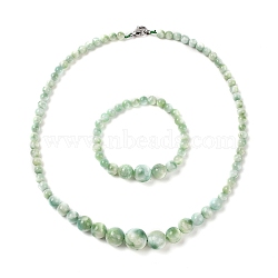 Natural Glass Round Beads Bracelets & Necklaces Sets, with 304 Stainless Steel Clasps, 18.70 inch(475mm)(SJEW-L132-18)