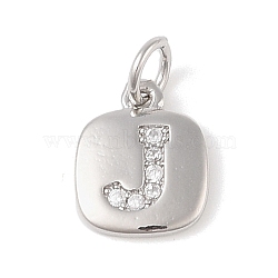 Rack Plating Brass Micro Pave CLear Cubic Zirconia Charms, with Jump Rings, Cadmium Free & Lead Free, Long-Lasting Plated, Platinum, Letter J, 11.5x9x1.5mm, Hole: 2.8mm(KK-E110-14P-J)