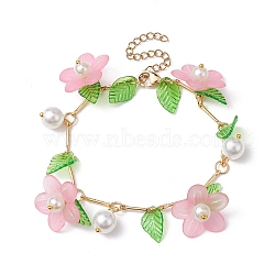 Acrylic Flower & Glass Pearl Charm Bracelets, with Brass Chains, Pink, 6-7/8~7-1/8 inch(17.5~18cm)(BJEW-JB10054-02)