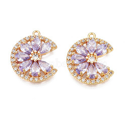 Brass Micro Pave Cubic Zirconia Pendants, Real 18K Gold Plated, Flower, Lilac, 18x15x3mm, Hole: 1mm(KK-N231-294)
