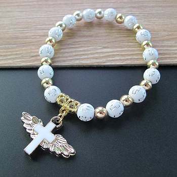 Acrylic Round with Cross Beaded Stretch Bracelets with Cross Charms, White, 6-3/4 inch(17cm)