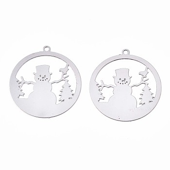 Christmas 201 Stainless Steel Filigree Pendants, Etched Metal Embellishments, Ring with Snowman, Stainless Steel Color, 22x20x0.3mm, Hole: 1.2mm