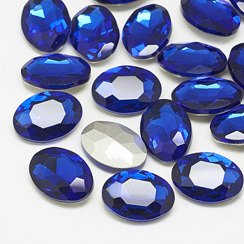 Pointed Back Glass Rhinestone Cabochons, Back Plated, Faceted, Oval, Sapphire, 10x8x4mm