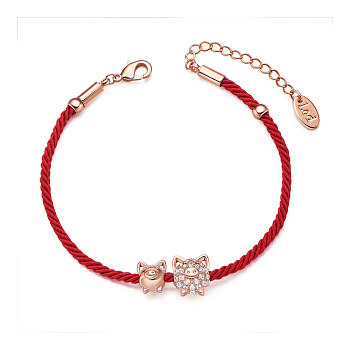 SHEGRACE Cord Bracelets, with Czech Rhinestone and Brass Findings, Pig, Rose Gold, 6-3/4 inch(17cm)