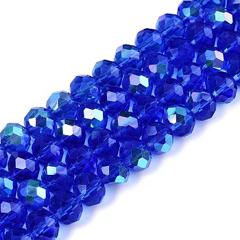 Electroplate Glass Beads Strands, Half Rainbow Plated, Faceted, Rondelle, Medium Blue, 8x6mm, Hole: 1mm, about 64~65pcs/strand, 40~41cm