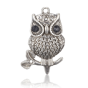 Antique Silver Alloy Rhinestone Owl Pendants for Halloween Jewelry, Crystal, 42x22x5mm, Hole: 3mm