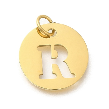 Ion Plating(IP) 304 Stainless Steel Pendants, with Jump Ring, Laser Cut, Flat Round with Letter Charm, Real 18K Gold Plated, Letter R, 20x1mm, Hole: 4.5mm