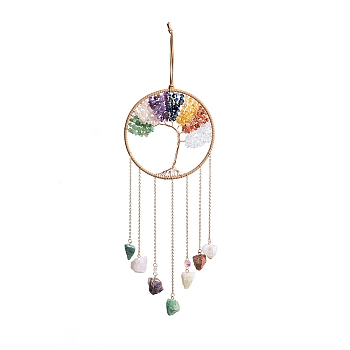 7 Chakra Copper Wire Wrapped Natural Mixed Stone Chips Tree of Life Suncatchers, Raw Gemstone Charm for Outdoor Garden Wall Hanging Decor, 500x160x28.5mm