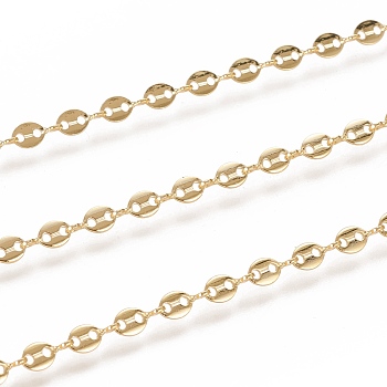 3.28 Feet Brass Link Chains, Coffee Bean Chains, Soldered, Long-Lasting Plated, Oval, Golden, 7x4x0.6mm