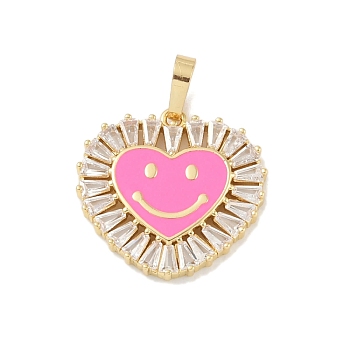 Rack Plating Brass Micro Pave Clear Cubic Zirconia Pendants, with Enamel, Long-Lasting Plated, Lead Free & Cadmium Free, Real 18K Gold Plated, Heart with Smile, Hot Pink, 20x19x2.5mm, Hole: 6.5x3.5mm