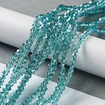 Electroplate Glass Beads Strands, Half Golden Plated, Faceted, Bicone, Cyan, 3x3mm, Hole: 1mm, about 128~135pcs/strand, 13.8 inch