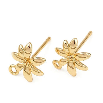 Brass Stud Earrings Findings, Long-Lasting Plated, Nickel Free, Flower, Real 18K Gold Plated, 11x9mm, Hole: 1.2mm, Pin: 12.5x0.8mm