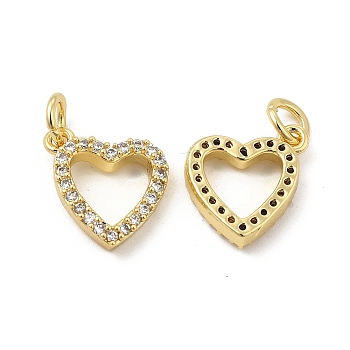 Brass Micro Pave Clear Cubic Zirconia Charms, with Jump Ring, Heart Charm, Real 18K Gold Plated, 11x11x2.5mm, Hole: 3.5mm