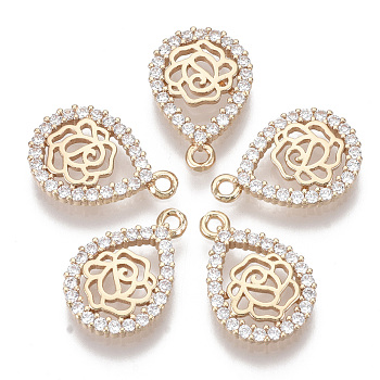 Brass Micro Pave Cubic Zirconia Pendants, teardrop, with Rose, Light Gold, Clear, 18x12.5x2.5mm, Hole: 1.5mm