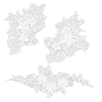 CHGCRAFT 2 Pairs 2 Style 3D Flower Polyester Embroidery Sew on Flower Appliques, with Plastic Imitation Pearl Beads, Sewing Craft Decoration for Wedding Dress, Cheongsam, White, 255~315x125~160x1.2~2mm, 1 pair/style