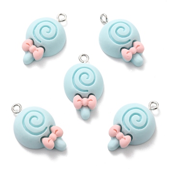 Resin Pendants, with Platinum Tone Iron Loop, Lollipop with Bowknot, Light Blue, 26x15.5x7mm, Hole: 2mm
