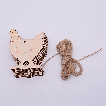 Cootonwood Pendants, with Hemp Ropes, Rooster, for Easter, BurlyWood, 79x65x2.5mm, Hole: 3mm, Hemp Ropes: 2000x1mm
