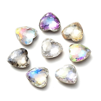 Glass Rhinestone Cabochons, Flat Back & Back Plated, Faceted, Heart, Mixed Color, 10x10x4mm