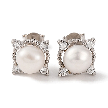 925 Sterling Silver Square Stud Earrings, with Natural Pearl & Clear Cubic Zirconia, Real Platinum Plated, 9.8x9.8mm