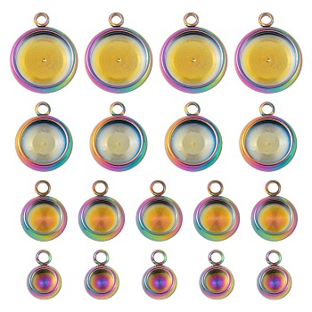 40Pcs 4 Style Ion Plating(IP) 304 Stainless Steel Pendant Cabochon Settings, Lace Edge Bezel Cups, Rainbow Color, Flat Round, Tray: 4~10mm, 9~15x6.5~12.5x3mm, Hole: 1.8mm