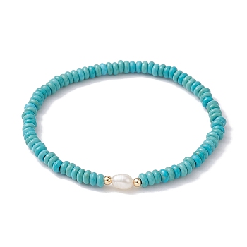Synthetic Turquoise Rondelle & Natural Pearl Beaded Stretch Bracelets, Inner Diameter: 2-1/4 inch(5.8cm)