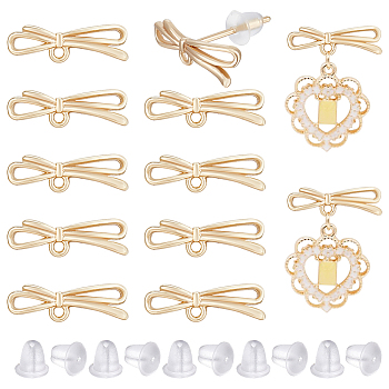 10Pcs Brass Bowknot Stud Earring Findings, with Horizontal Loops, with 30Pcs Plastic Ear Nuts, Real 18K Gold Plated, 4.3x13.5mm, Hole: 1mm, Pin: 0.7mm