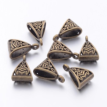 Tibetan Style Alloy Tube Bails, Loop Bails, Bail Beads, Triangle, Antique Bronze, Cadmium Free & Nickel Free & Lead Free, 15.5x10x7mm, Hole: 1.5mm