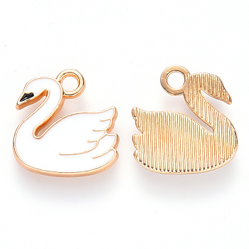Alloy Enamel Charms, Swan, Light Gold, White, 14x14x2mm, Hole: 1.8mm