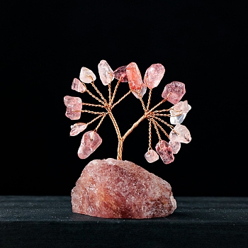 Natural Strawberry Quartz Chips Tree Decorations, Gemstone Base with Copper Wire Feng Shui Energy Stone Gift for Home Office Desktop Decoration, 5.5~7.5x3.5~5.5cm