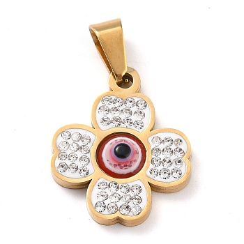 304 Stainless Steel Pendants, with Polymer Clay Rhinestone and Evil Eye Resin Round Beads, 201 Stainless Steel Bails, Clover, Red, 20.5x17x3.5mm, Hole: 3.5x7mm