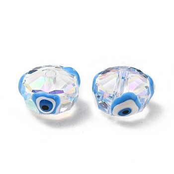 Transparent Glass Beads, with Enamel, Faceted, Rondelle with Evil Eye Pattern, Deep Sky Blue, 10x7.5mm, Hole: 1.5mm