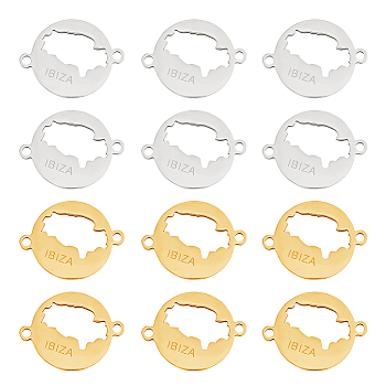 12Pcs 2 Colors 201 Stainless Steel Connector Charms, Flat Round with Ibiza Map, Golden & Stainless Steel Color, 14x18x1mm, Hole: 1.4mm, 6pcs/color