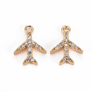 Brass Micro Pave Clear Cubic Zirconia Charms, Nickel Free, Airplane, Real 18K Gold Plated, 11.5x9x2mm, Hole: 1mm