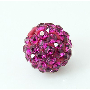 Polymer Clay Rhinestone Beads, Pave Disco Ball Beads, Grade A, Half Drilled, Round, Fuchsia, PP9(1.5.~1.6mm), 6mm, Hole: 1.2mm