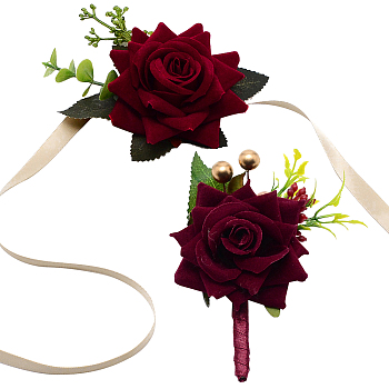 2Pcs 2 Style Rose Flower Silk Wrist and Flower Silk Brooch Sets, for Wedding, Party Decorations, Dark Red, 109~609x10~78mm, 2 style 2pcs