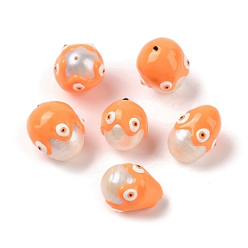 Natural Pearl Enamel Beads, Hand Drawn Beads, Potato with Evil Eye Pattern, Dark Orange, 15.5~18x13.5~15x13.5~15mm, Hole: 0.8mm