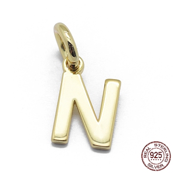925 Sterling Silver Charms, Letter, Golden, Letter.N, 9x5.5x0.5mm, Hole: 3mm
