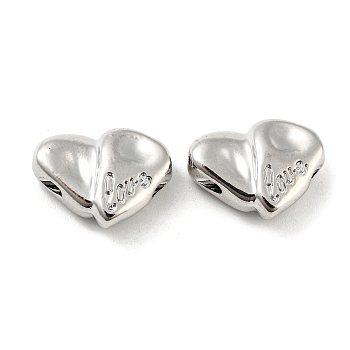 Rack Plating Alloy Beads,  Lead Free & Cadmium Free & Nickel Free, Heart with Word Love, Platinum, 13.5x18x6mm, Hole: 2mm and 2x3mm