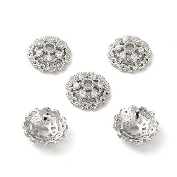 Rack Plating Brass Beads Caps, with Clear Cubic Zirconia, Long-Lasting Plated, Lead Free & Cadmium Free, Flower, Platinum, 10.5x10.5x3.5mm, Hole: 1.5mm