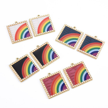 Rack Plating Printed Alloy Pendants, with Enamel and ABS Plastic Imitation Pearl, Cadmium Free & Nickel Free & Lead Free, Square with Rainbow, Light Gold, Mixed Color, 33x30x3mm, Hole: 1.6mm