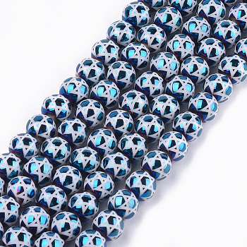 Electroplate Glass Beads Strands, for Jewish, Round with Star of David, Steel Blue, 10x9.5~10mm, Hole: 1.2mm, about 30pcs/strand, 11.2 inch