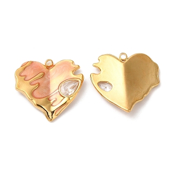 304 Stainless Steel Enamel Pendants, with Rhinestones, Real 18K Gold Plated, Heart Charm, PeachPuff, 19x20x2.5mm, Hole: 1.5mm