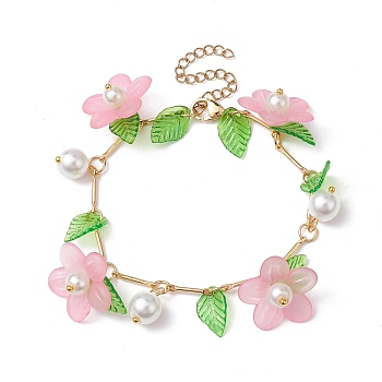 Acrylic Flower & Glass Pearl Charm Bracelets, with Brass Chains, Pink, 6-7/8~7-1/8 inch(17.5~18cm)