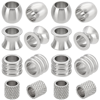 40Pcs 5 Styles 201 & 304 Stainless Steel European Beads, Large Hole Beads, Vase & Column & Barrel, Stainless Steel Color, 7~10x6~8mm, Hole: 5~6mm, 8pcs/style