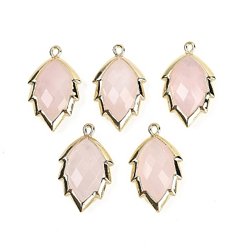 Natural Rose Quartz Faceted Leaf Pendants, Rack Plating Brass Charms, Golden, 23x13.5x5.5mm, Hole: 1.2mm