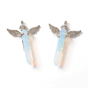 Opalite Big Pendants, with Rhinestone and Brass Findings, Angel with Bullet, Platinum, 53.5~56x34x9.5~10.5mm, Hole: 2mm
