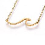 Ion Plating(IP) 304 Stainless Steel Pendant Necklaces, with Cable Chains and Lobster Claw Clasps, Wave, Golden, 18.11 inch(46cm), 1.5mm(NJEW-H491-17G)