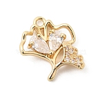 Brass Micro Pave Clear Cubic Zirconia Pendants, Real 14K Gold Plated, Ginkgo Leaf Charms, 14.5x14.5x3mm, Hole: 1.4mm(KK-B179-10G-03)